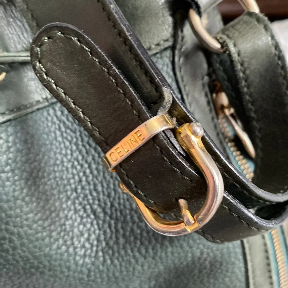 RARE~ Céline ~ Loden Tumbled Calfskin Bucket Bag with Scarlet Calfskin Interior - Picture 8 of 16